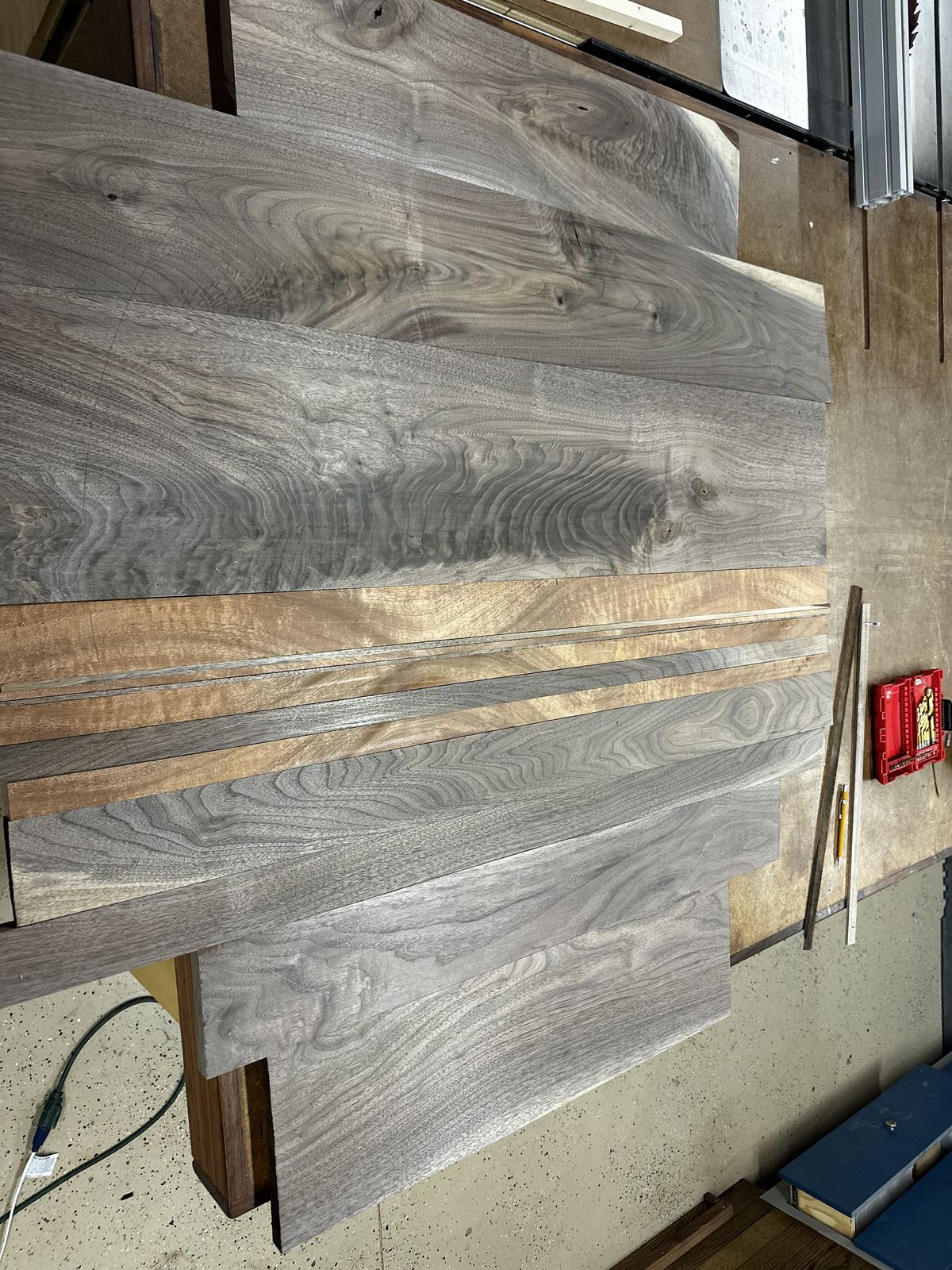 Sorting the walnut and sapele for the top