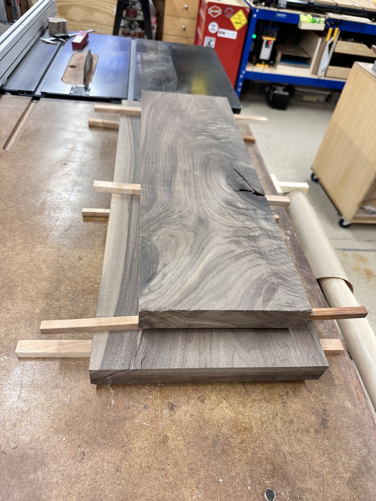 Walnut stock, freshly milled and being prepped for glue