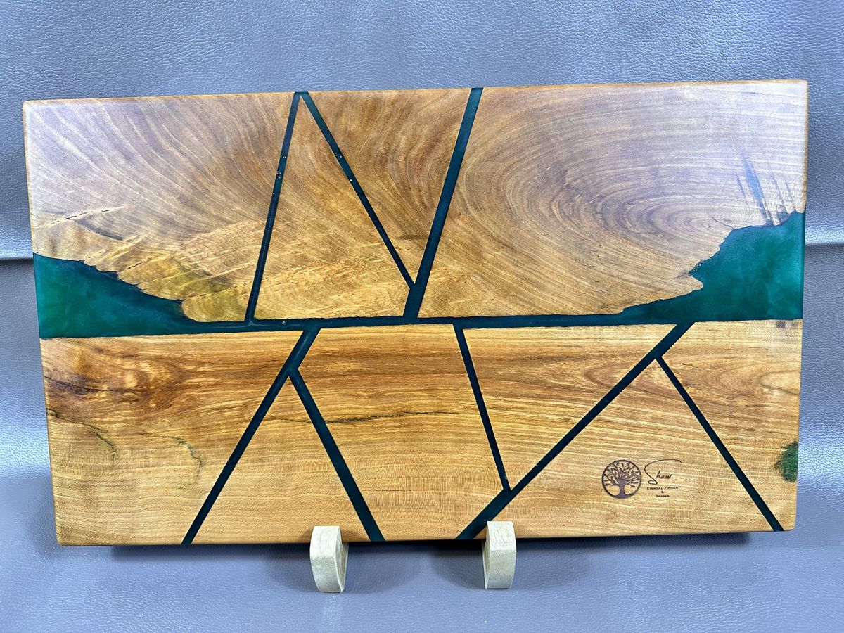 Geometric green epoxy resin serving board for Westmoreland Museum