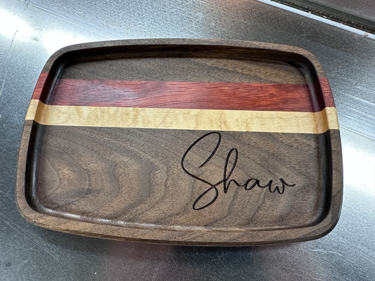 The Luxe Valet in walnut, padauk, and figured maple