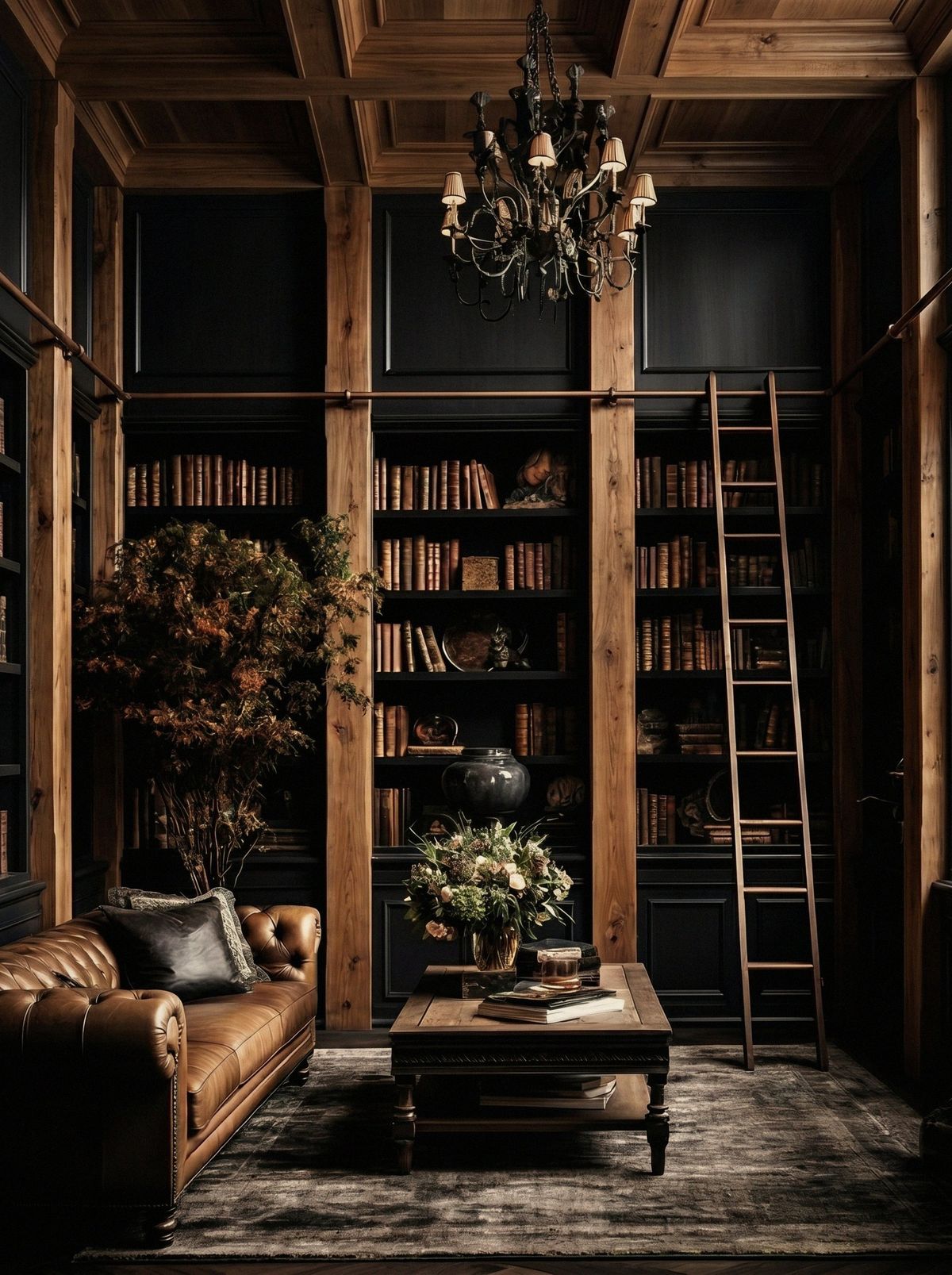 A small dark-wood-paneled library with a library ladder and brown leather sofa, a dark academia interior demonstrating that dark wood works in small intimate rooms.