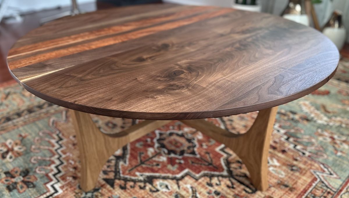 Walnut and sapele coffee table on a white oak base